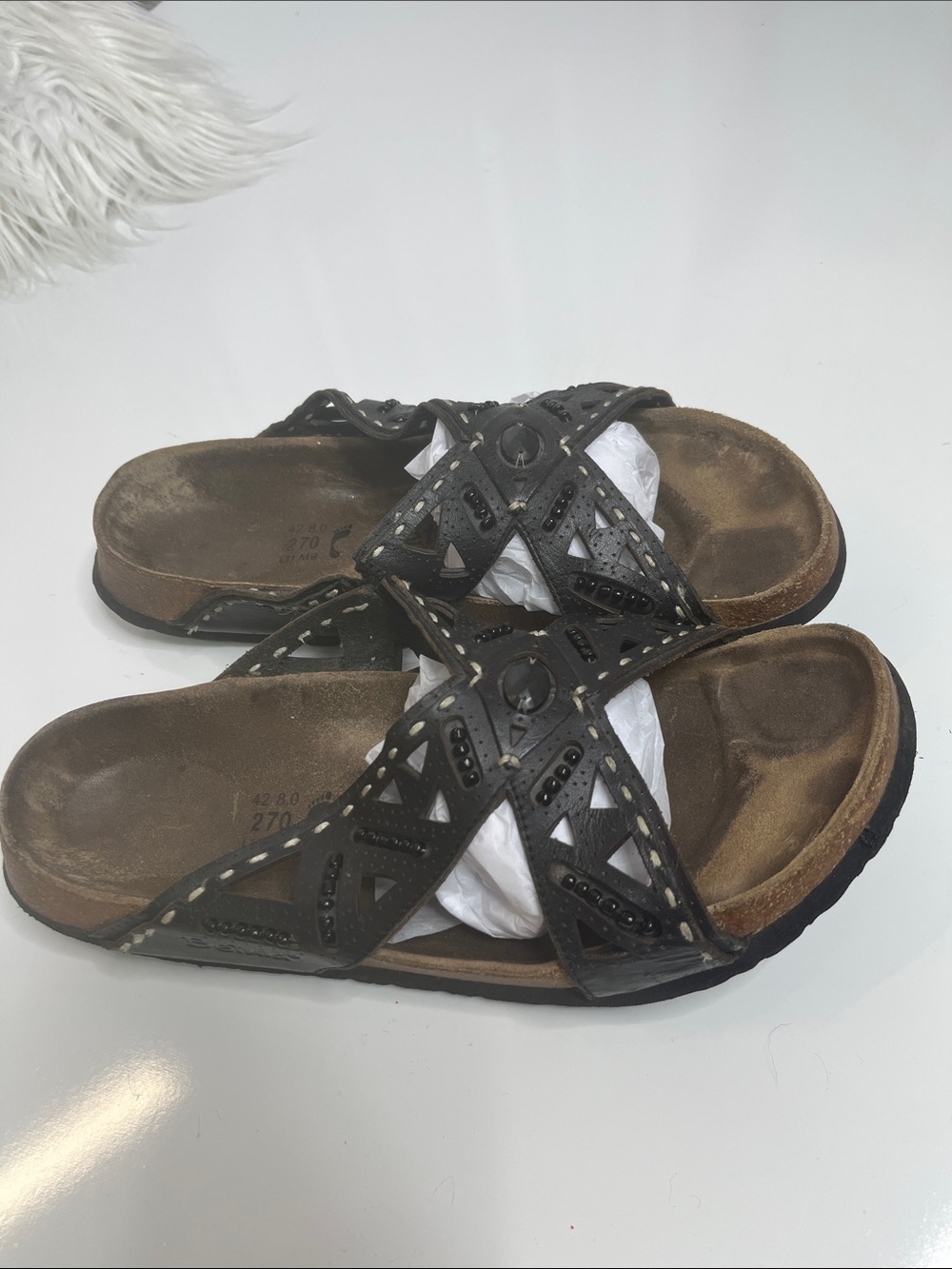 Betula Beaded Black Leather Slide Sandals Comfort Footbed Size 11